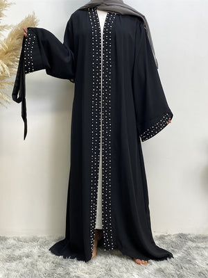 Maheen pearl embellished open abaya with scalloped sleeves