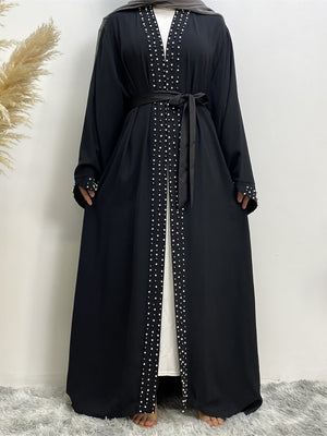 Maheen pearl embellished open abaya with scalloped sleeves