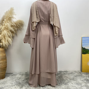 Back view of layered chiffon open abaya with belt