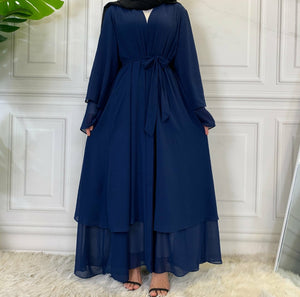Malaika 2-tier chiffon open abaya with layered drapes