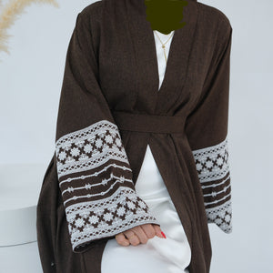 Embroidered Sleeve Brown Linen Open Abaya.