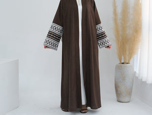 Embroidered Sleeve Brown Linen Open Abaya.