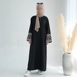 Embroidered Sleeve Black Linen Closed Abaya.