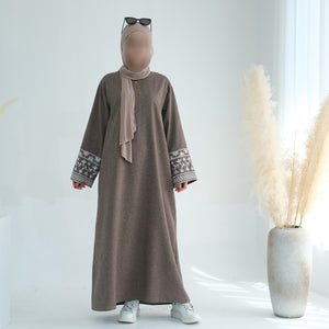 Embroidered Sleeve Brown Linen Closed Abaya.