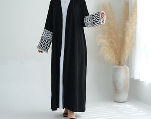 Keffiyeh Embroidered Sleeve Black Crepe Open Abaya.