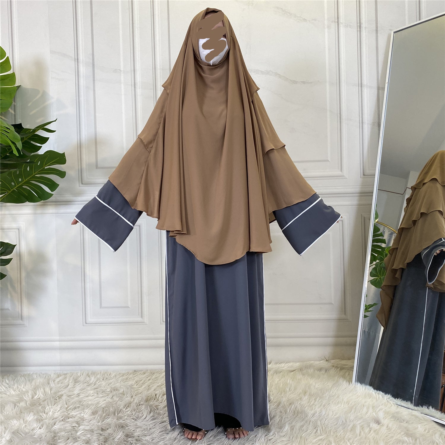3 layer diamond khimar with built-in niqab and tie backs