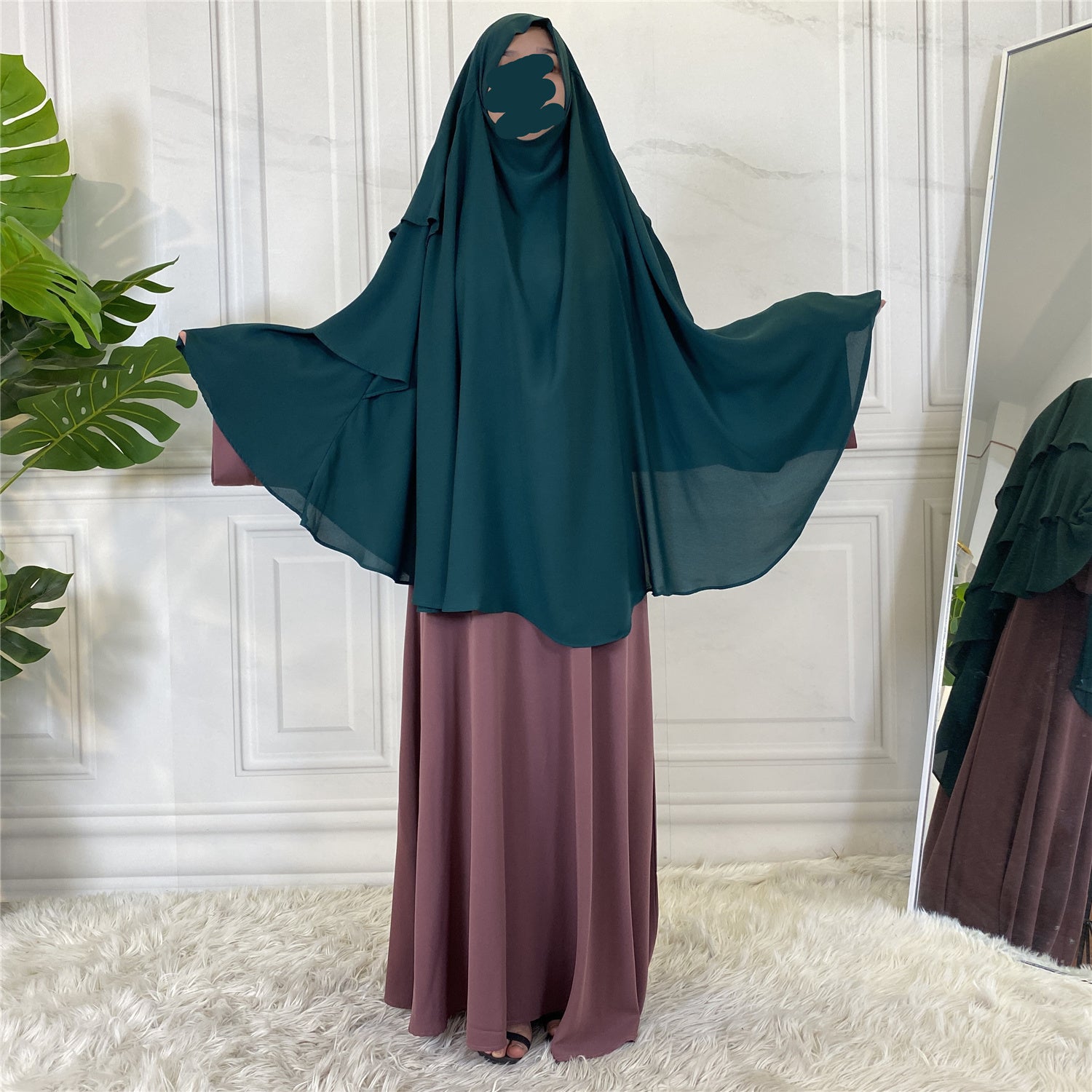 3 layer diamond khimar with built-in niqab and tie backs