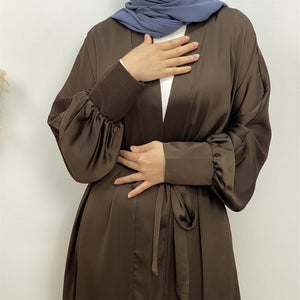 Lina Coffee Brown Satin Textured Open Abaya.