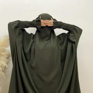 Front view of two piece jilbab with attached niqab option