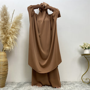 Modest brown jilbab set with elasticated sleeves and skirt
