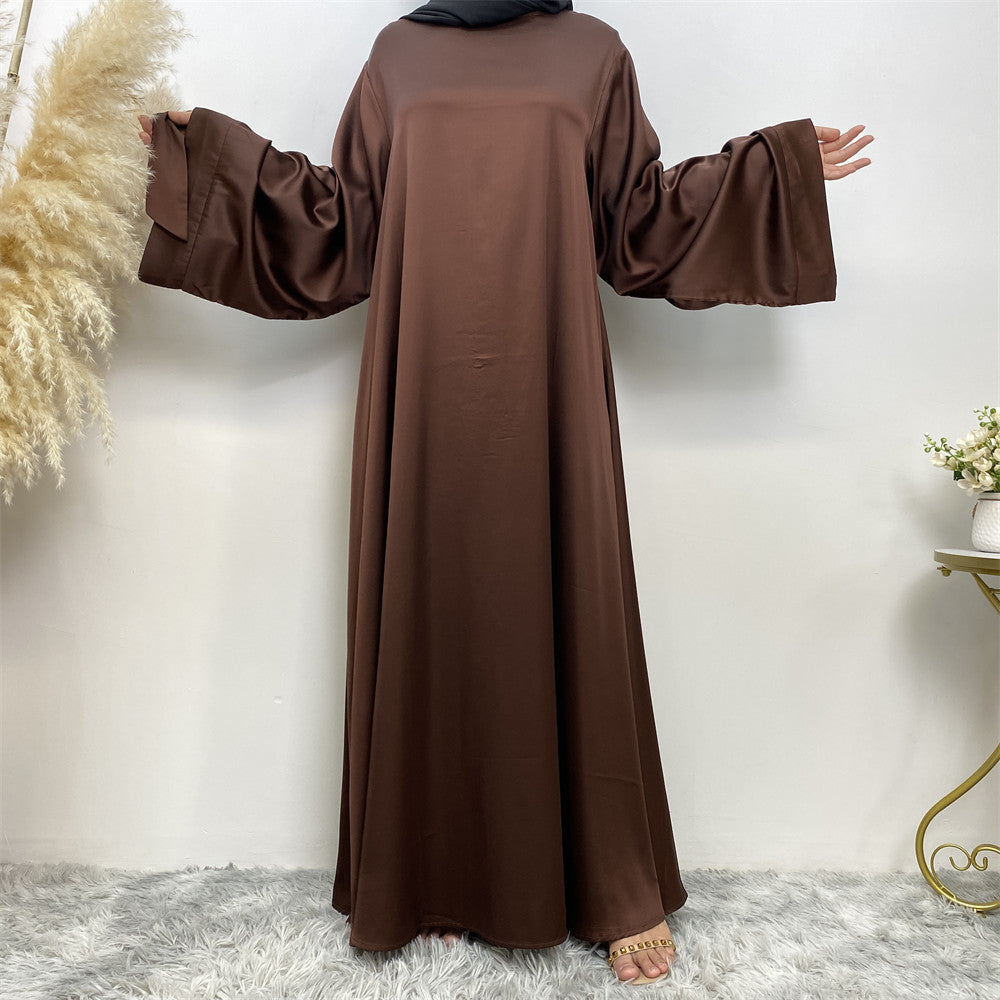 Hira satin abaya with luxury sheen, loose fit and matching belt