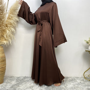 Side view of Hira satin abaya showing satin sheen and graceful drape
