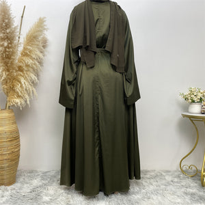 Back view of Hira satin abaya showing satin sheen and graceful drape