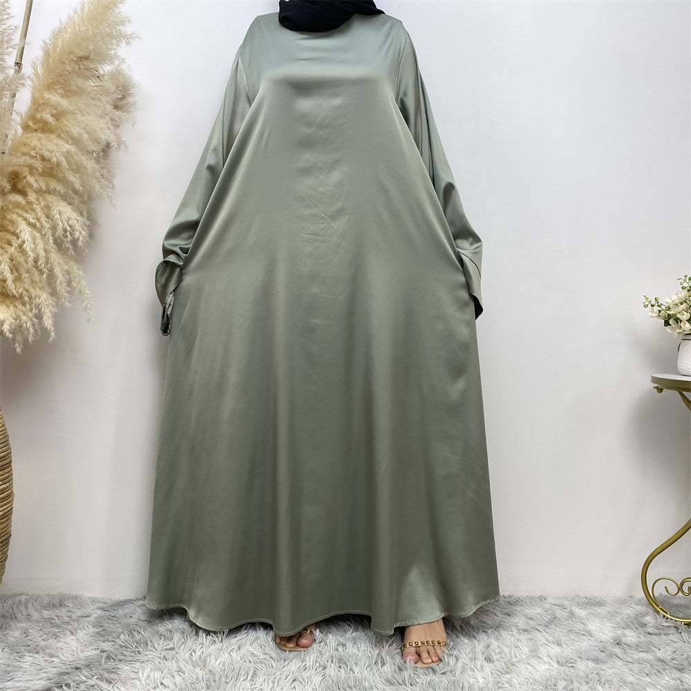 Hira satin abaya with luxury sheen, loose fit and matching belt