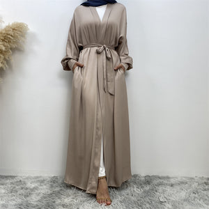 Lina Nude Beige Satin Textured Open Abaya.