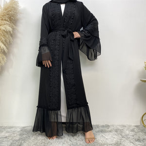 Maya lace and chiffon ruffle open abaya with belt