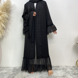 Luxury black open abaya with lace trim and chiffon hem