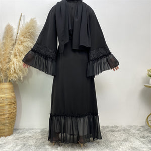 Back view of chiffon ruffle open abaya with belt