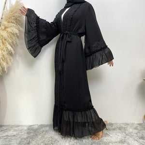 Side view of Maya lace ruffle abaya for modest wear