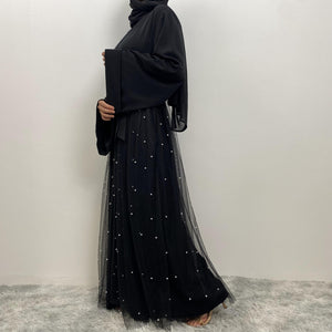 Luxury pearl abaya with full flare skirt and wide sleeves