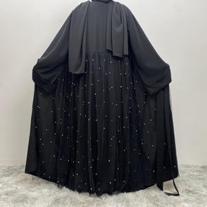 Back view of Laila pearl abaya with flowing skirt design
