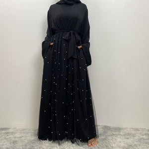 Laila net and pearl embellished open abaya with belt
