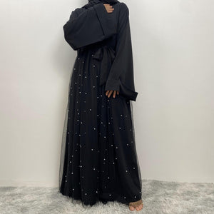 Laila net and pearl embellished open abaya with belt