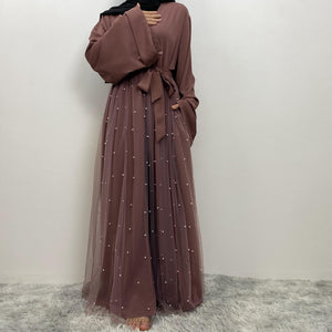 Laila net and pearl embellished open abaya with belt