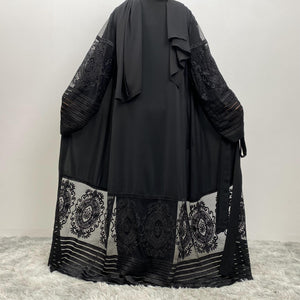 Back view of Arya open abaya showing modest flow, lace detail, and practical pockets