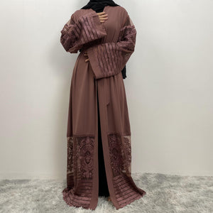 Arya open abaya layered with abaya slip dress for modest fashion look