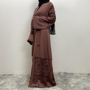 Arya open abaya layered with abaya slip dress for modest fashion look