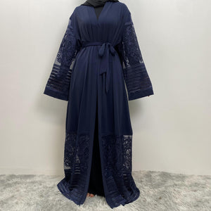 Elegant Arya open abaya with embroidered lace trim on hem and sleeves, made from luxury nidha fabric