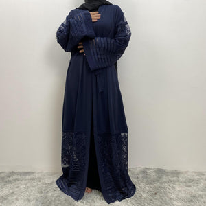 Elegant Arya open abaya with embroidered lace trim on hem and sleeves, made from luxury nidha fabric