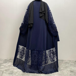 Elegant Arya open abaya with embroidered lace trim on hem and sleeves, made from luxury nidha fabric