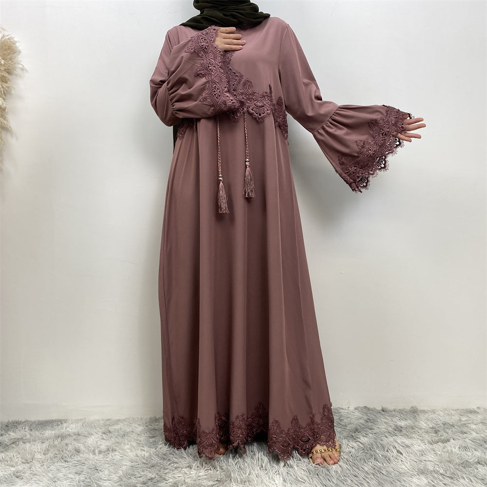 Zainab abaya with lace trim on sleeves and waist