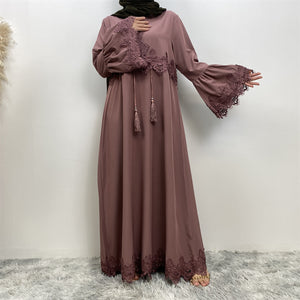 Zainab abaya with lace trim on sleeves and waist