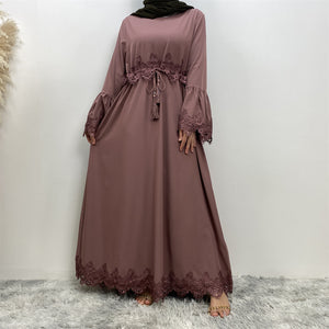 Elegant nidha and lace abaya with attached rope belt