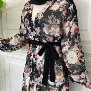 Farah Floral Black Chiffon Georgette Open Abaya.
