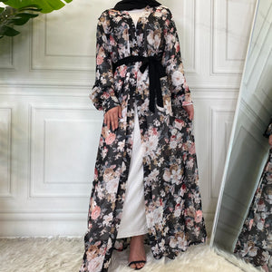 Farah Floral Black Chiffon Georgette Open Abaya.