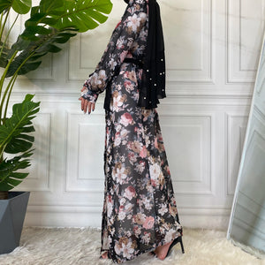 Farah Floral Black Chiffon Georgette Open Abaya.