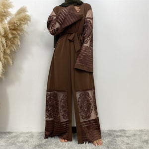 Front view of Arya open abaya in nidha fabric with sheer lace trim and matching belt