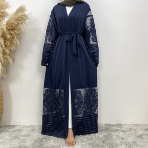 Elegant Arya open abaya with embroidered lace trim on hem and sleeves, made from luxury nidha fabric