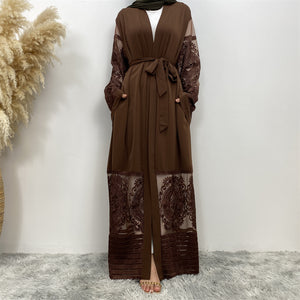 Elegant Arya open abaya with embroidered lace trim on hem and sleeves, made from luxury nidha fabric