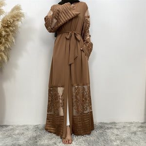 Elegant Arya open abaya with embroidered lace trim on hem and sleeves, made from luxury nidha fabric