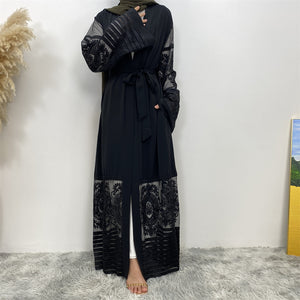 Elegant Arya open abaya with embroidered lace trim on hem and sleeves, made from luxury nidha fabric