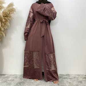 Elegant Arya open abaya with embroidered lace trim on hem and sleeves, made from luxury nidha fabric