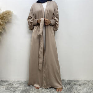 Lina Nude Beige Satin Textured Open Abaya.