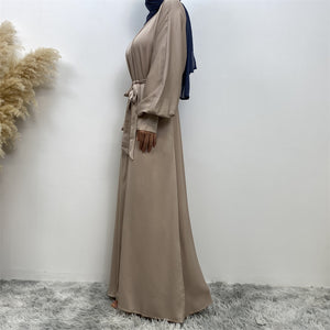 Lina Nude Beige Satin Textured Open Abaya.