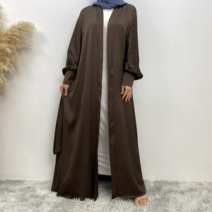 Lina Coffee Brown Satin Textured Open Abaya.