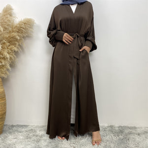 Lina Coffee Brown Satin Textured Open Abaya.